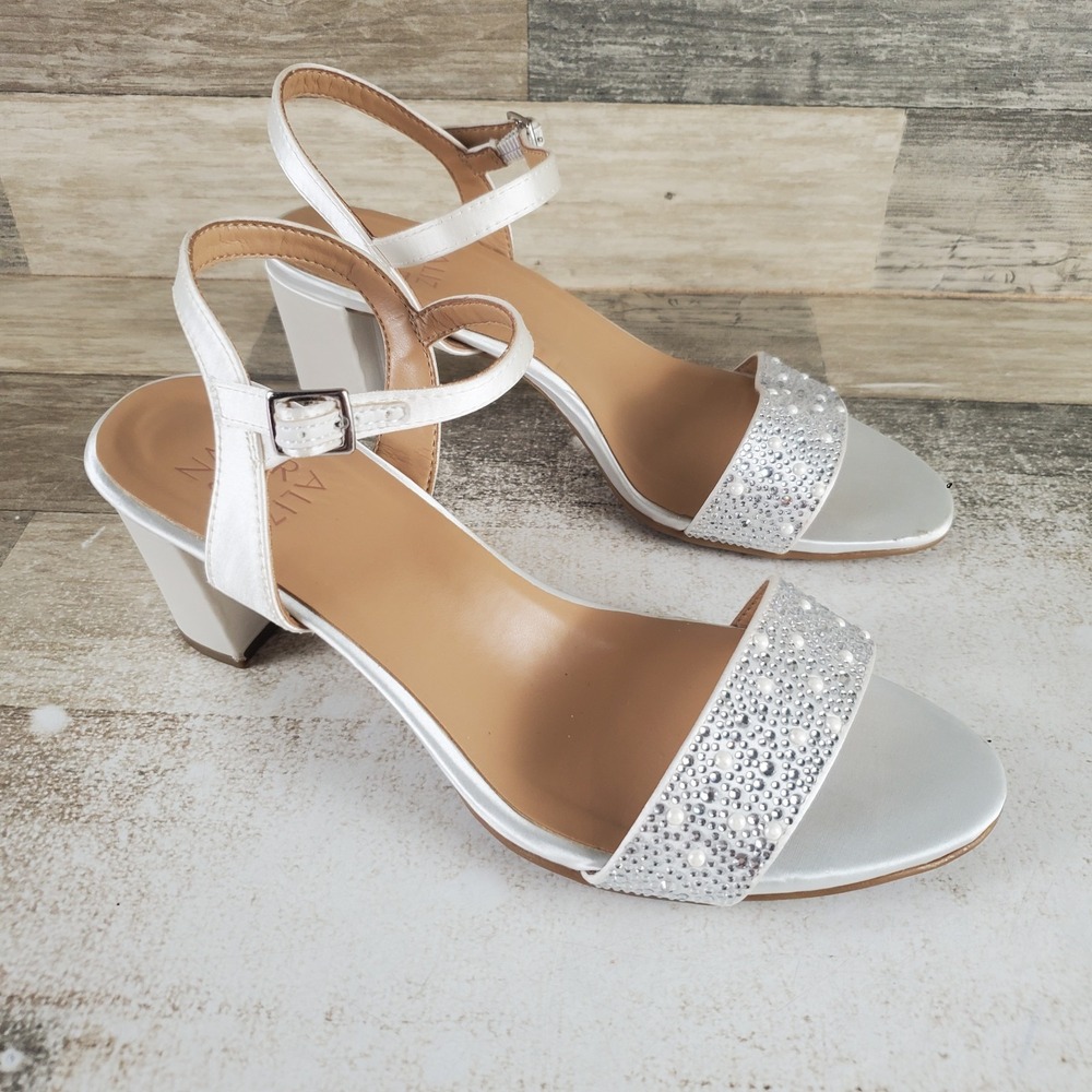 Naturalizer Bristol Womens Dress Sandals Sz 8 W Pearl White Fabric Block Heel